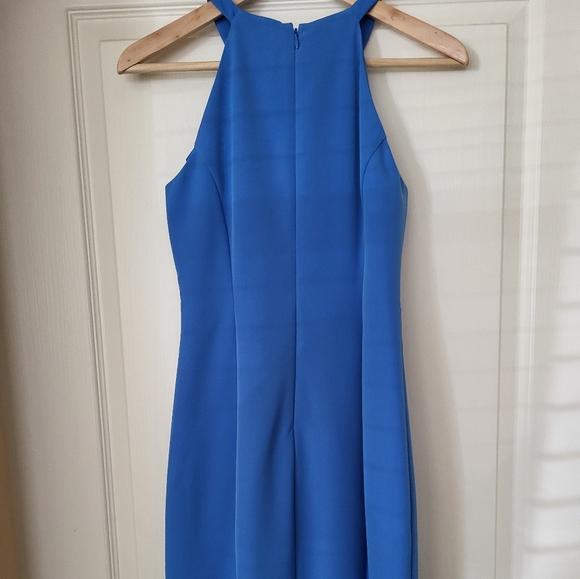Royal Blue Asymmetrical Ruffled Sheath Dress with Mock Neck - Picture 2 of 6
